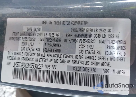 2021 Mazda Cx-9 Carbon Edition from USA, damaged, VIN JM3TCADY2M0504637